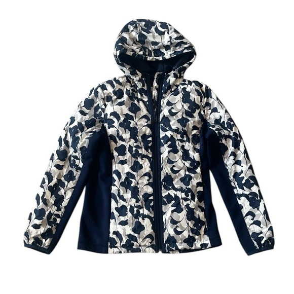 J. CREW Navy Floral Hooded Quilted Puffer Jacket Lightweight Size Small - Picture 1 of 9